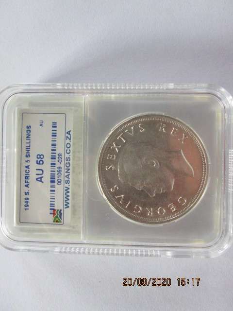 Great...Graded AU 58 SANGS 1949 SA Union 5 Shillings/Crown 80% silver
